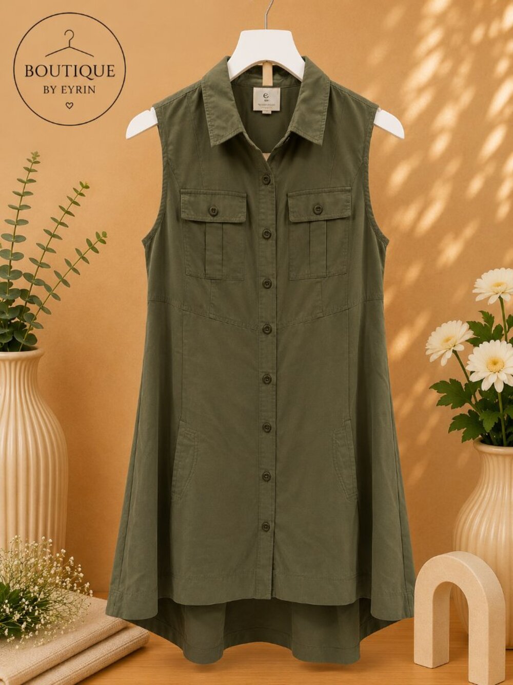 Evergreen Sleeveless Utility Shirt Dress – Olive Green